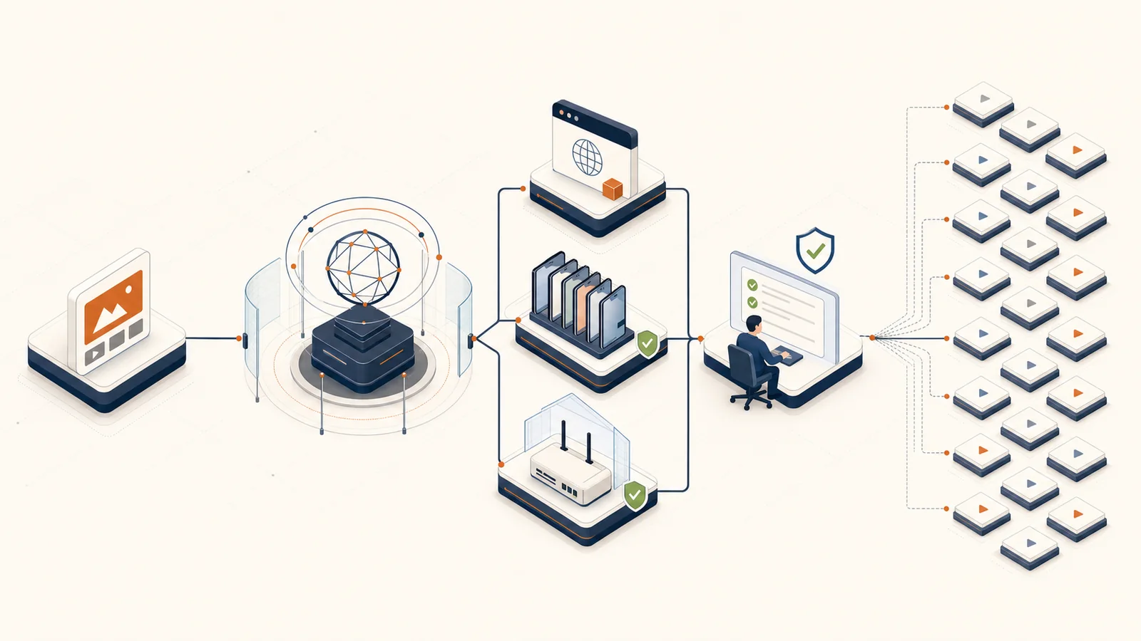 内容经网络节点、授权设备与合规审核工作台送达多端的分发链路概念图